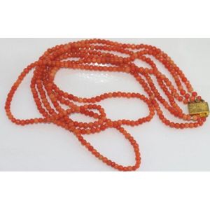 Estate 14K Gold Triple Strand Natural Coral Bead Necklace with Lapis C –  Tenenbaum Jewelers
