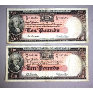 Two Commonwealth of Australia Ten Pound notes, Circa 1954,…
