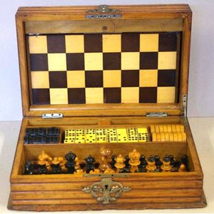 Antique Continental games box, with ornate metal fittings,…