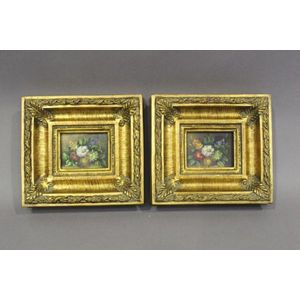 Pair of decorative miniature still life paintings of flowers,…