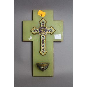 Antique French champleve enamel blessing font, 22 cm high, 15…