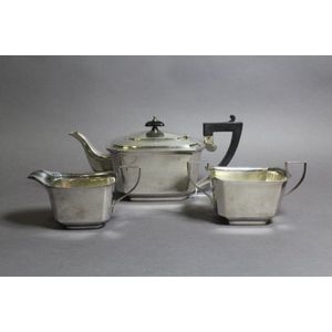Art deco silver plate three piece tea set, marked Hardy Bros…