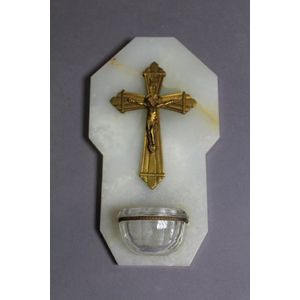 Alabaster crucifix with gilded cross and crystal font, 20 cm…