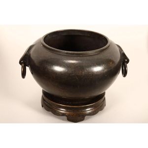 Twin-handled Chinese Bronze Censer with Stand - Bronze - Oriental