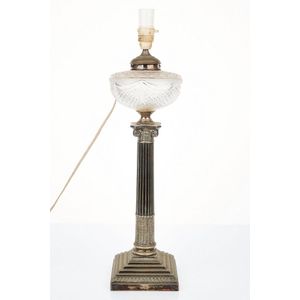 Edwardian silver plated and cut-glass oil lamp, electrified,…