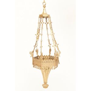 Gilded brass Gothic revival hexagonal chandelier, in the manner…