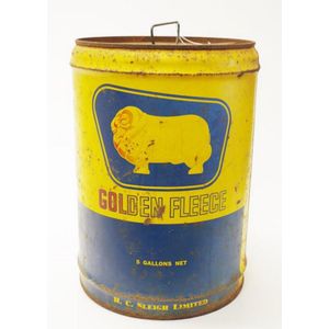 Vintage five gallon Golden Fleece fuel tin marked for '…