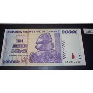 Zimbabwe ten billion dollars banknote uncirculated.