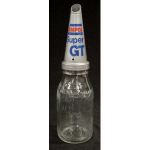 Ampol Super GT motor oil bottle and pourer spout, 35 cm high