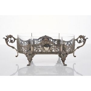 Continental sterling silver and cut-glass centrepiece, oblong…