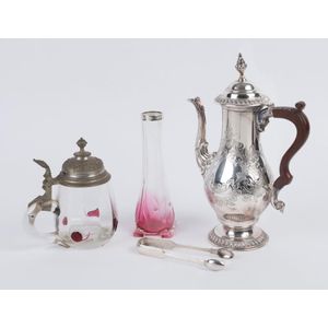 Sheffield Plate coffee pot, silver mounted glass vase, silver…