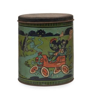 Mickey, Minnie Mouse, early oval biscuit tin with lithographic…