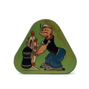 Popeye, triangular-shaped impressed metal sweet tin by Allen's…