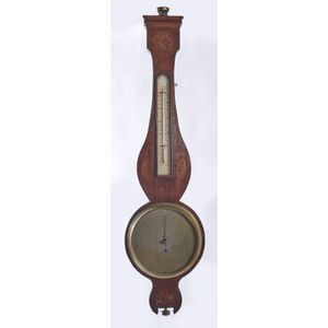 An English George III mahogany wheel barometer/thermometer, the…