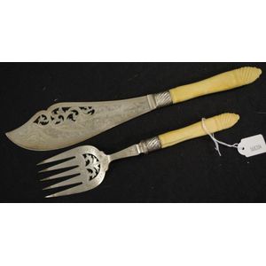 Vintage pair ivory handle fish servers serving knife and fork,…