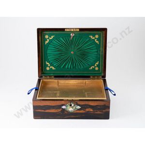 Victorian coromandel wood sewing box, the lid and front with…