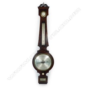 A Georgian mahogany banjo barometer, with silvered dial, the…