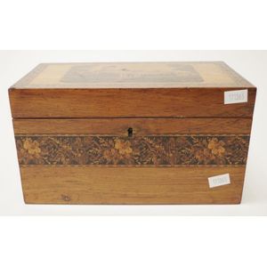 Victorian Tunbridge inlaid rosewood tea caddy castle scene…