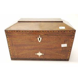 Regency flame mahogany tea caddy inlaid and strung with various…
