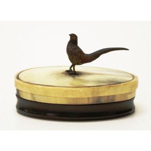 Scottish horn snuff box with pheasant cold painted.
