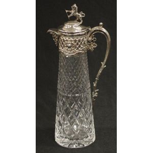 Good silver plate & crystal claret jug with lion rampant finial.…
