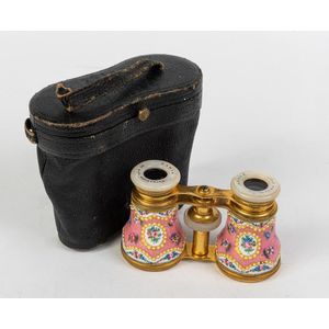 A pair of French brass and enamel opera glasses, with mother of…