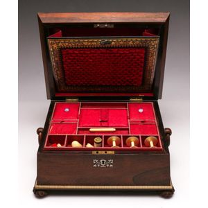 Antique rosewood and ivory inlaid sewing box, fitted with…