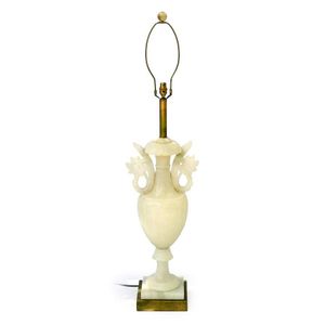 A large alabaster table lamp, urn form with flowers to each…