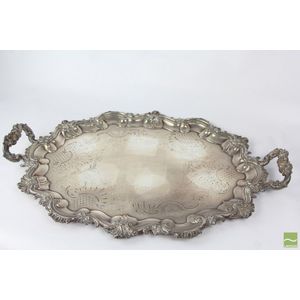 Large Sheffield Plated twin handle tray elaborately detailed,…