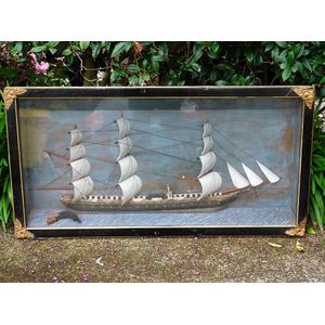 A Victorian cased diorama ship's half model, the rigged sailing…