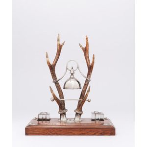 A Victorian Staghorn inkstand, circa 1880 on an oak base with…