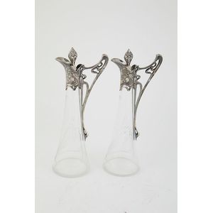 Pair WMF style Art Nouveau cut glass ewers with detachable…