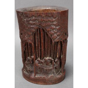 Bamboo brush pot decorated with carved plants and a poem in low relief,  19th century-20th century 