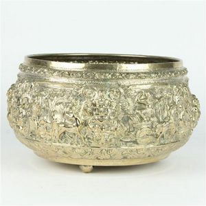 Thai Silver Relief Bowl with Deity Scenes - Zother - Oriental