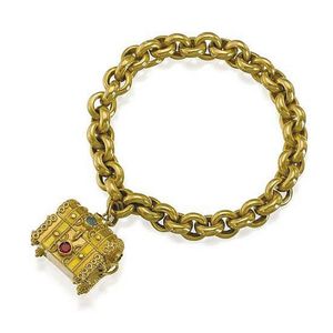 18ct gold and multi-gem charm bracelet, designed as a line of…