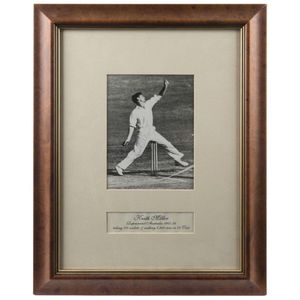 Keith Miller: signature on image of Miller bowling, caption…