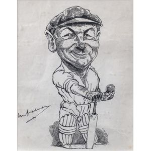 Don Bradman: pen & ink caricature image of a smiling Bradman…
