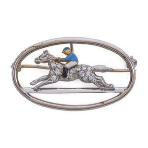 Horse-racing brooch: diamond encrusted racehorse in white gold,…