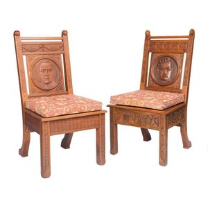 William Howitt: Two carved chairs with portrait panel backs,…