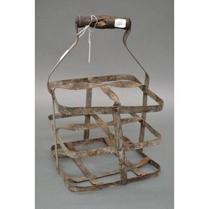 Antique French gal metal four bottle basket, 33 cm high