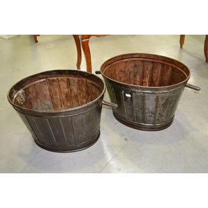 Two antique French metal wine bins, with side carry handles (2)