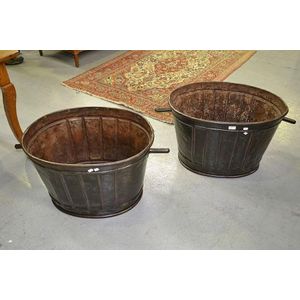 Two antique French metal wine bins, with side carry handles (2)