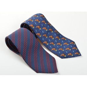 Two silk ties by Hermes, styled in red and blue on a navy&hellip;
