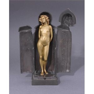 A rare Austrian patinated bronze iron maiden, circa 1910,…