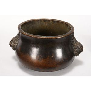 Chinese Bronze Twin Handled Censer with Mask Handles - Bronze - Oriental