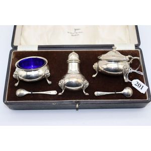 Walker & Hall English Sterling Silver Art Deco Condiment Set w