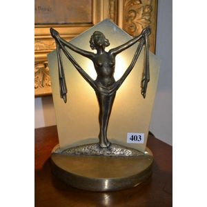 Art Deco figural brass table lamp with coloured glass shade