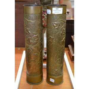 WW1 Engraved Shell Casing Vases. French Antique Militaria Brass Vases.  Trench Art Vases.
