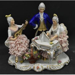 A Dresden lace figure of a two ladies & a gentleman playing…