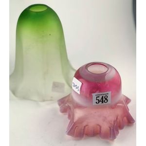 Two pair Edwardian gas lamp shades cranberry and frosted green